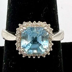 Asher-Cut Blue Topaz Set With a CZ Halo Marked 925, Size 8